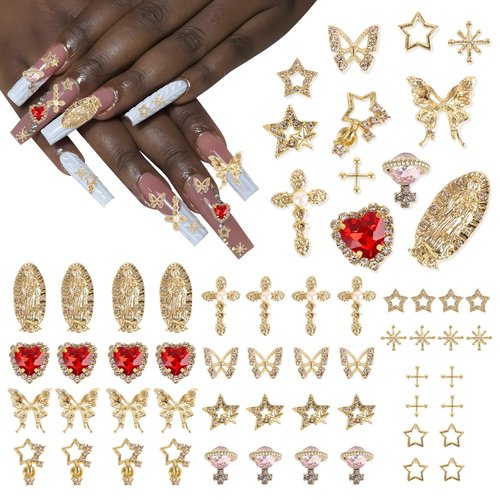 KYLELOVE 60 PCS Bulk Y2K Bling Rhinestones Gold Nail Charms 3D Gold Cross Star Butterfly Charms for Nails Gems Supplies