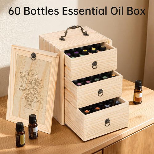 TORIBIO Essential Oils Box for 60 Bottles, Wooden Essential Oils Storage Organizer Holds 5 10 15 20 30 ml for Young Living & Doterra Bottles
