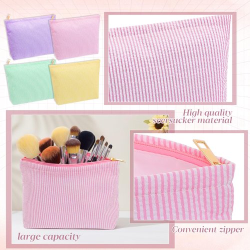 Sanwuta 4 Pcs Seersucker Makeup Bag for Women Stripe Cosmetic Bag Travel Toiletry Organizer Preppy Storage Pouch Valentines Galentines Gifts for Wedding Bridesmaid Mom(Pink, Green, Yellow, Purple)