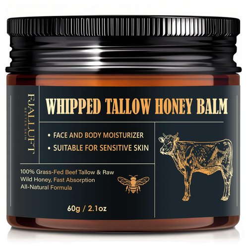 FJALLUFT Beef Tallow and Honey Balm Moisturiser, Whipped Grass Fed with Raw Honey and Olive Oil, Anti-Aging Facial Cream, Unscented, 3 Ounce (Medium)