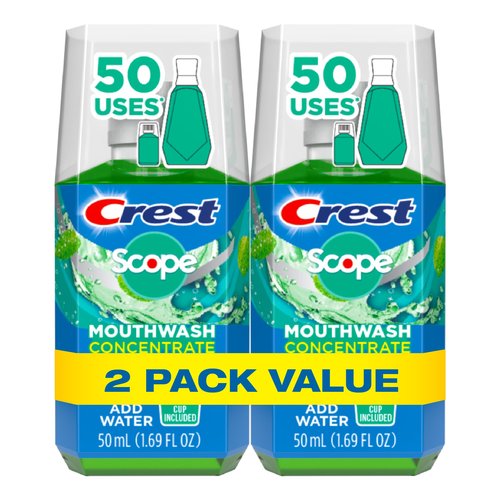 Crest Scope Mouthwash Concentrate, Travel Size Mouthwash, Original Mint Flavor, Helps Freshen Breath, 2 Pack -50 ml Squeeze Bottles