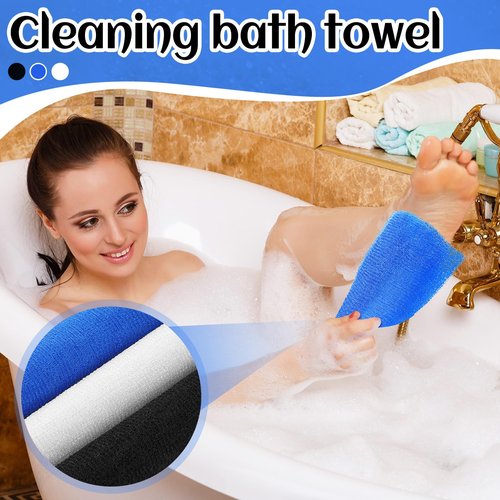 Tatuo 12 Pack 36 Inch Exfoliating Bath Cloth Towel African Net Sponge Extra Long Nylon Korean Bath Towel Japanese Shower Cleaning Sponges for Back Body(White, Black, Dark Blue)