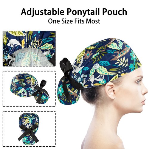 Scrub Caps Women Bouffant Scrub Caps, Adjustable Working Cap Ponytail Pouch Tie Back Shower Cap