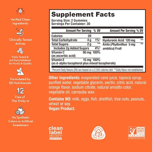 HUM Hyaluronic Glow Skin Care Supplement - Hydrating Vegan Gummies with Vitamin C & E | Tangerine, 60 Count