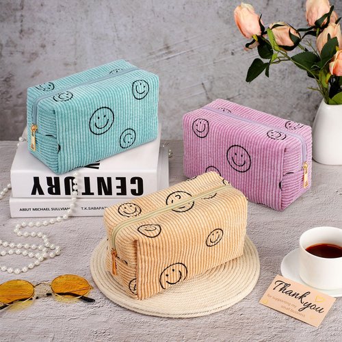 Photect 3 Pcs Corduroy Cosmetic Bag Smile Face Aesthetic Preppy Pencil Pouch Purse Travel Beauty Makeup Bags for School Christmas Women Holiday Organizer Gifts(Classic,Pink, Yellow, Green)