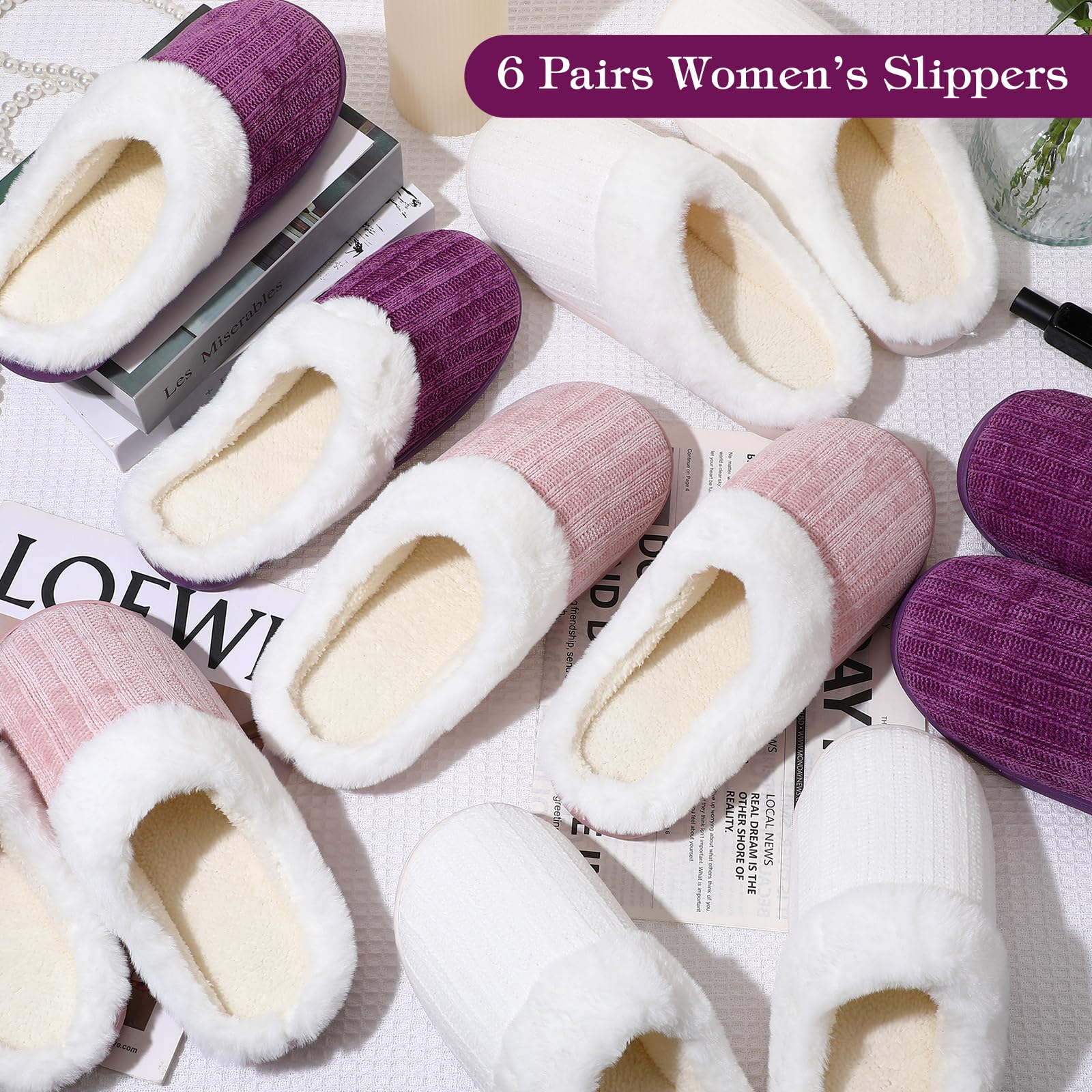 Yearntown 6 Pairs 3 Pairs 6 Pairs Warm Fuzzy House Slippers for Women Size 7-8 8-9 with Thick Anti-slip Soles Winter Fluffy Indoor Outdoor Knit Plush Soft Slipper Shoes Pink Purple White (Size 7-9)