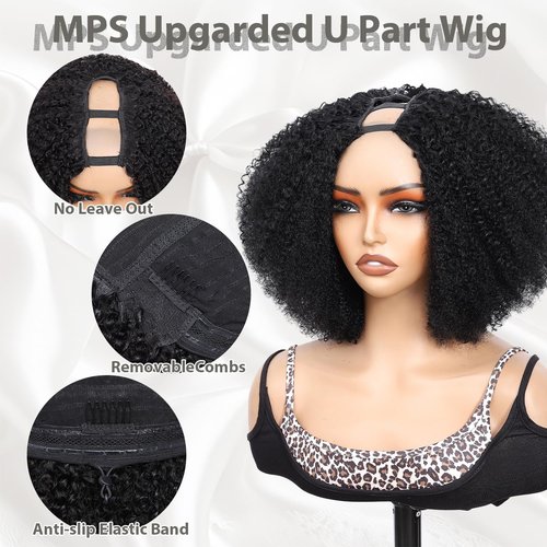 MPS Kinky Curly Human Hair Wigs for Black Women Afro Curly Human Hair 180% Density 12 Inch Full Head Clip in U Part Wigs Human Hair Pre Plucked U Shape Wigs (Natural Black)