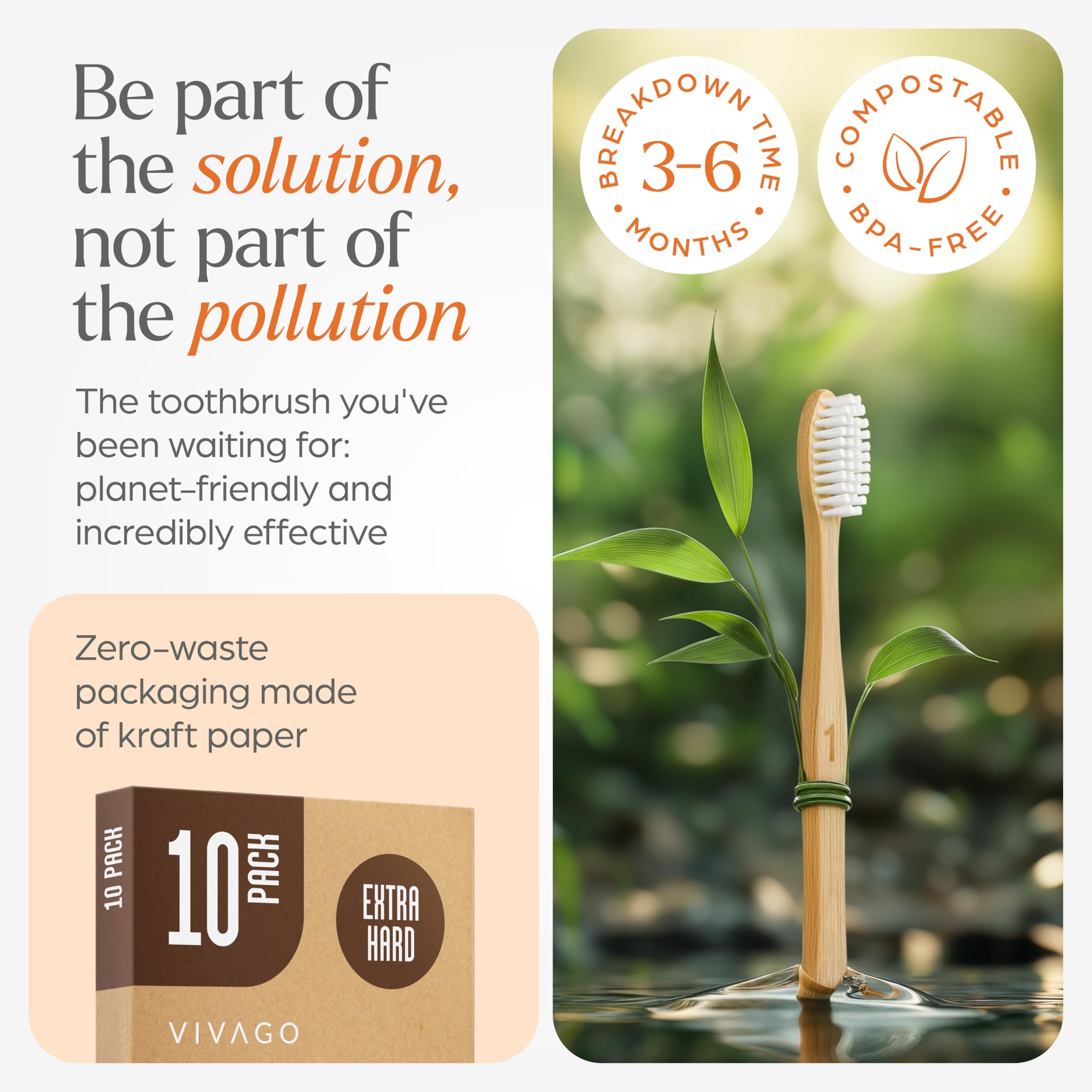 VIVAGO Extra Hard Toothbrushes for Adults - 10 Pack - BPA Free Hard Bristle Toothbrush - Extra Firm Bamboo Toothbrushes