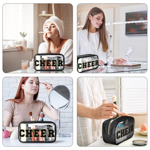Abbylike Cheer Clear Makeup Letter Bag Cosmetic Zipper Cheers Pouch Chenille Patch Cheerleader Gifts Preppy Cheer Nylon Handmade Toiletry Bags for Women Girls Gifts (1, Black)