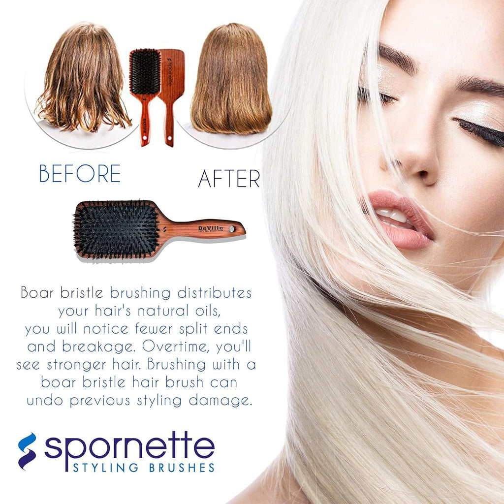 Spornette Deville Cushion Paddle Brush - Boar Bristle Hair Brush for Smoothing & Detangling | All Hair Types
