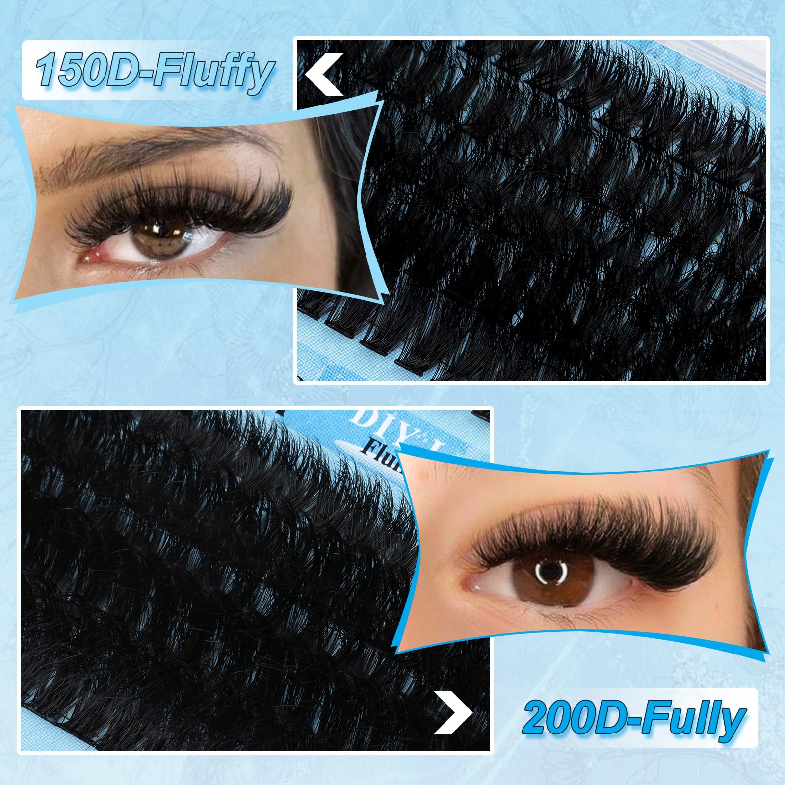 Yawamica Lash Extension Kit Fluffier 150D+200D Lash Clusters Eyelash Extension Kit 12-20mm Individual Lashes with Lash Bond, Lash Remover, Lash Tweezers for DIY Lashes Extension(150D+200D-12-20MM Kit)
