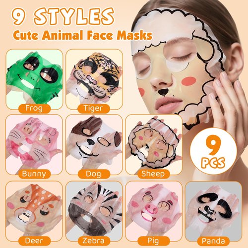KONEUK 9 Pack Animal Face Masks Skincare for Kids, Bulk Sheet Hydrating Face Mask for Kids Skin Care, Collagen Face Mask for Teens Women, Valentines Day Gifts, Spa Party Gifts for Teen Girls