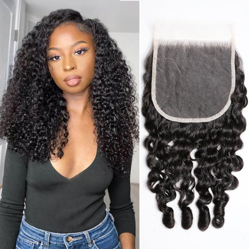 5x5 HD Lace Closure Burmese Curly 16 Inch Ultra-thin Transparent 15A Brazilian Virgin Human Hair Water Wave Lace Closure Free Part Pre Plucked with Baby Hair Quick Weave For Women
