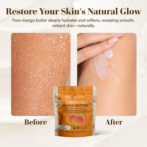 era of nature Organic Unrefined Raw Mango Body Butter Block 32oz - Moisturizing Mango Seed Raw Butter Bar for Skin & Hair, DIY Lip Balm Base, Cream, Soap & Lotion Making Supplies, Personal Skincare