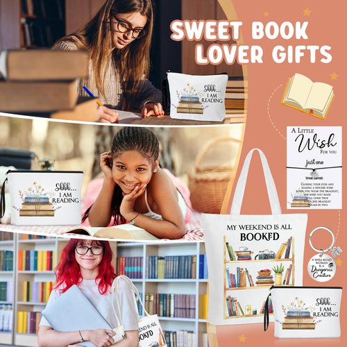 Sweetude 4 Pcs Book Lovers Gifts Sets Include Book Tote Bag, Bookworm Bracelet with Wish Card, Canvas Makeup Bag, and Bookish Keychain for Women Readers Books Lover Gifts