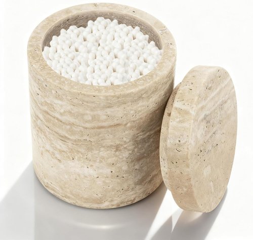 Natural Marble Canister - Elegant Cotton Swab Holder with Lid | Beige White Travertine Design