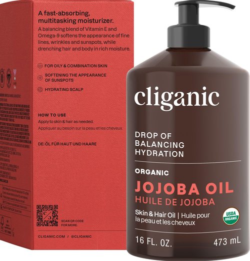 Cliganic Organic Jojoba Oil 16 oz, 100% Pure | Bulk, Natural Cold Pressed Unrefined Hexane Free for Hair & Face | Base Carrier Oil