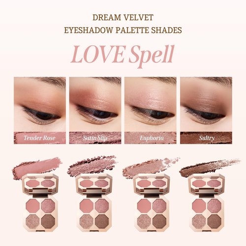 DEARDAHLIA Dream Velvet Eyeshadow Palette (Love Spell) - Richly Pigmented Matte & Shimmer Eyeshadows with Minimal Fallout. 4-Shade All-in-One Palette. Vegan Korean Eye Makeup