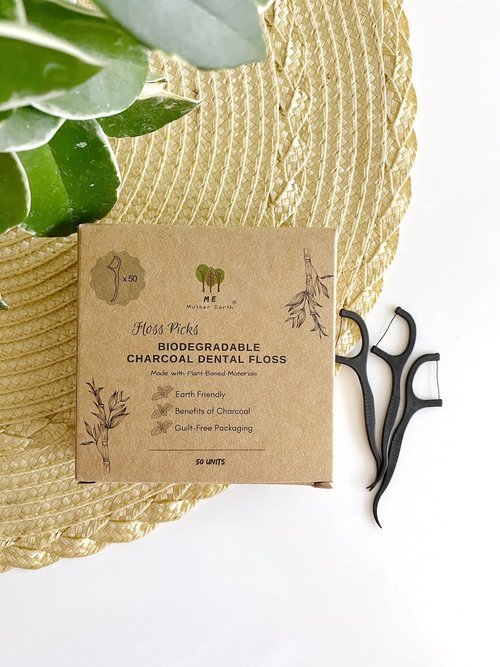 Me Mother Earth Vegan Biodegradable Dental Floss Picks (200 Count) - Natural | Sustainable | Eco-Friendly | Charcoal Dental Flossers for a Zero Waste Oral Care (3 Inch)