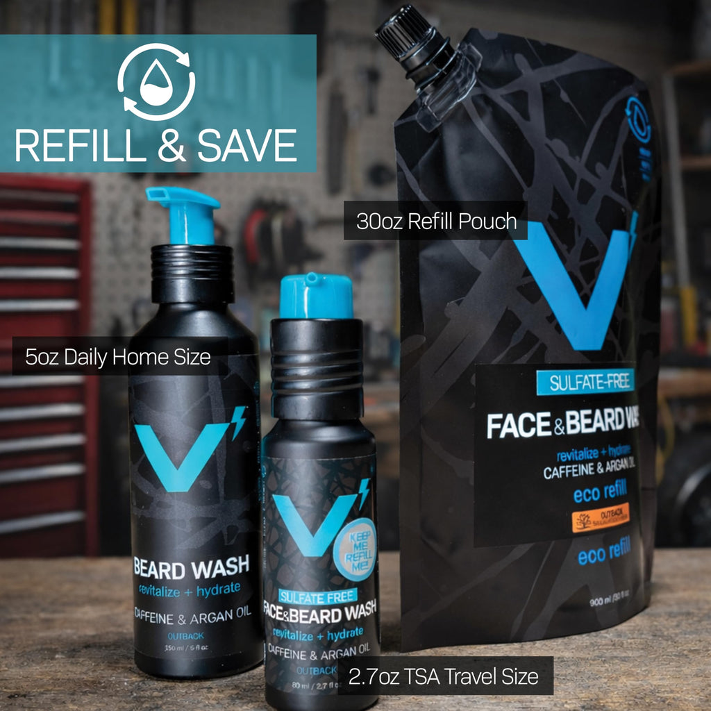 VOLT Face & Beard Wash for Men, Sulfate Free Cleanser with Shea Butter, Argan Oil & Caffeine, Plant Based, Hydrating & Conditioning, Outback Sandalwood Scent, Refillable Aluminum Bottle, 5 Oz Bottle