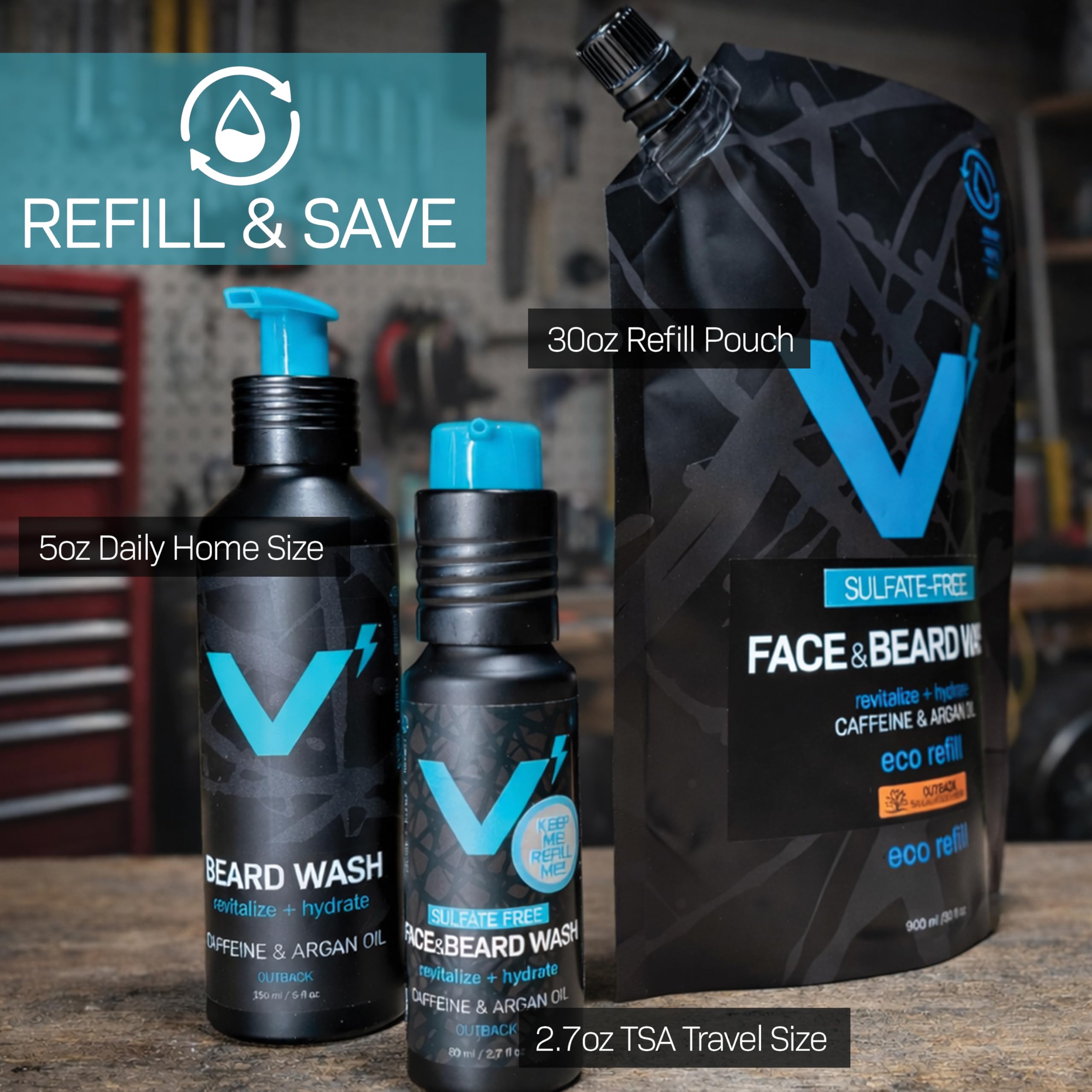 VOLT Face & Beard Wash for Men, Sulfate Free Cleanser with Shea Butter, Argan Oil & Caffeine, Plant Based, Hydrating & Conditioning, Outback Sandalwood Scent, Refillable Aluminum Bottle, 5 Oz Bottle