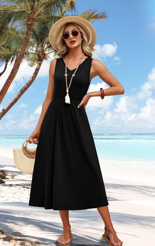 OFEEFAN Summer Dresses for Women - Flowy Casual Midi Dress with Pockets | V-Neck Beach Vacation Style