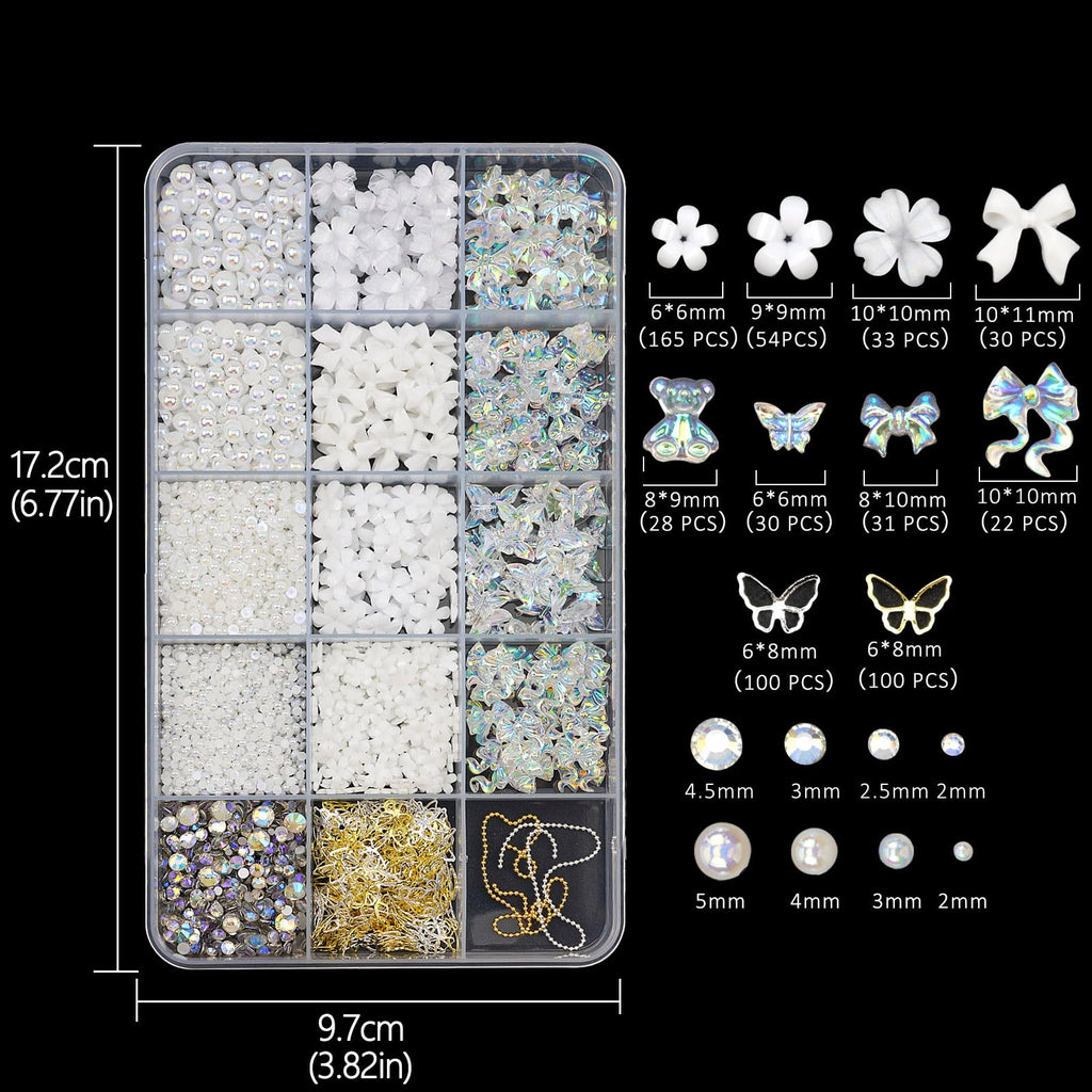 VOTACOS Flatback Nail Art Pearls and Rhinstones - Flower Bow Charms with Gel Glue - Gold, Silver, Butterfly Colors - Women's Acrylic Nail Decorations