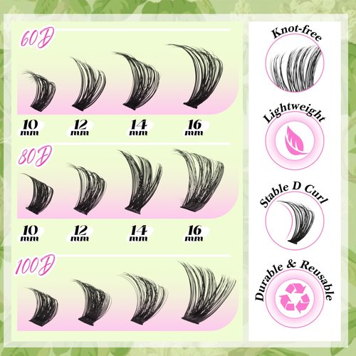 D-Curly Cluster Eyelash Extensions 480Pcs Volume Lash Extensions DIY Eyelash Extensions for Beginners Wispy Eyelash Clusters Natural Full Thick Individual Lashes Clusters (60D 80D 100D Mixed, 10-16MM)