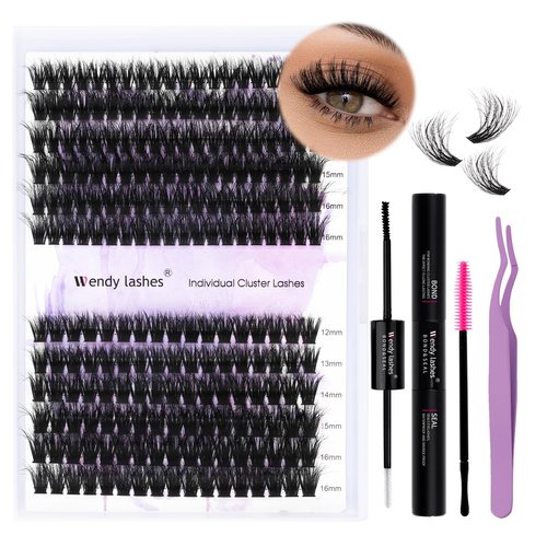 Lash Clusters Kit for Using at Home: Ultra-light, DIY, Natural, Fluffy, Wispy, Waterproof, Anime, Manga, Cat Eye, 3D Curl, 12-16mm, 60P+80P, Wendy, RT318