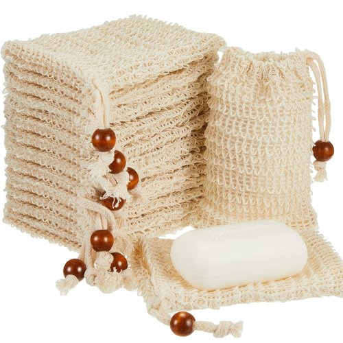 Cunhill 40 Pack Soap Saver Bag Exfoliating Soap Pouch with Drawstring Bar Wooden Bead Foaming and Drying Exfoliating Net for Bath and Shower (4.7x7.1 Inch)