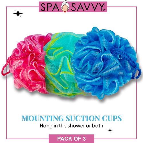 Spa Savvy Bath Loofah Set, 3 Pack Shower Pouf Body Sponges with Suction Cups, Exfoliating Bath Accessories for Men and Women, Multicolor