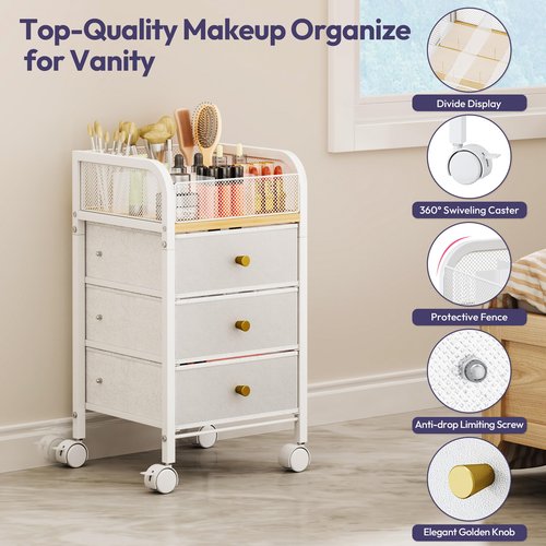 SWTYMIKI Rolling Makeup Organizer Cart - Floor Skincare Make Up Storage with 3 Non-woven Drawers, Vanity Organizer Cosmetic Display Cases Cabinet for Skin Care Perfume Nail Polish Brush Hair Tool