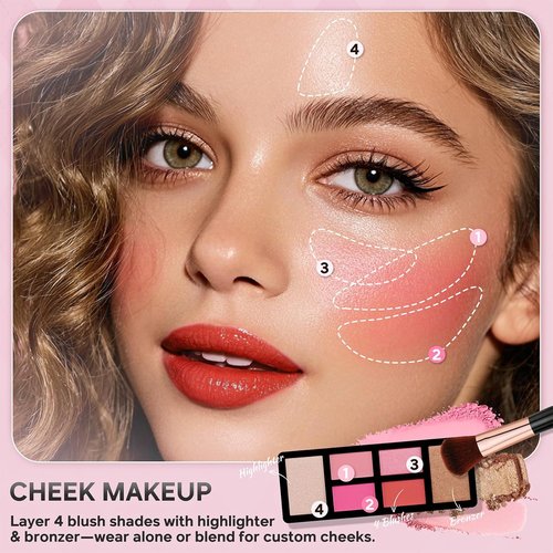 Skiennix Beginner Makeup Kit for Teens - 24-Color Eyeshadow Palette, Blush, Bronzer, Lipstick & Case (Pink)