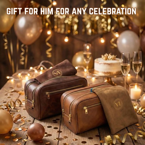 VI PRESTIGE Travel Toiletry Bag For Men, Premium PU Leather, Metal Zippers and Bottom Studs, Travel Essentials For Men, Waterproof Toiletry Bag, With Velvet Dust Bag, Men Birthday Gifts/DARK BROWN