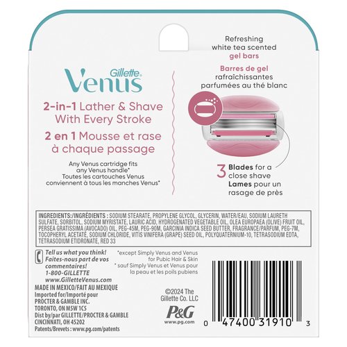 Gillette Venus ComfortGlide White Tea Women's Razor Blades, 3-Blade Razor Refills, 6 Count, Holiday Gifts for Women