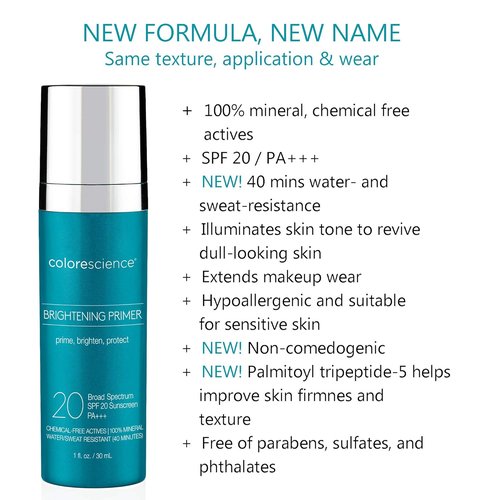 Colorescience Brightening Primer SPF 20 - Water Resistant Mineral Sunscreen, Unscented, 1 Fl Oz