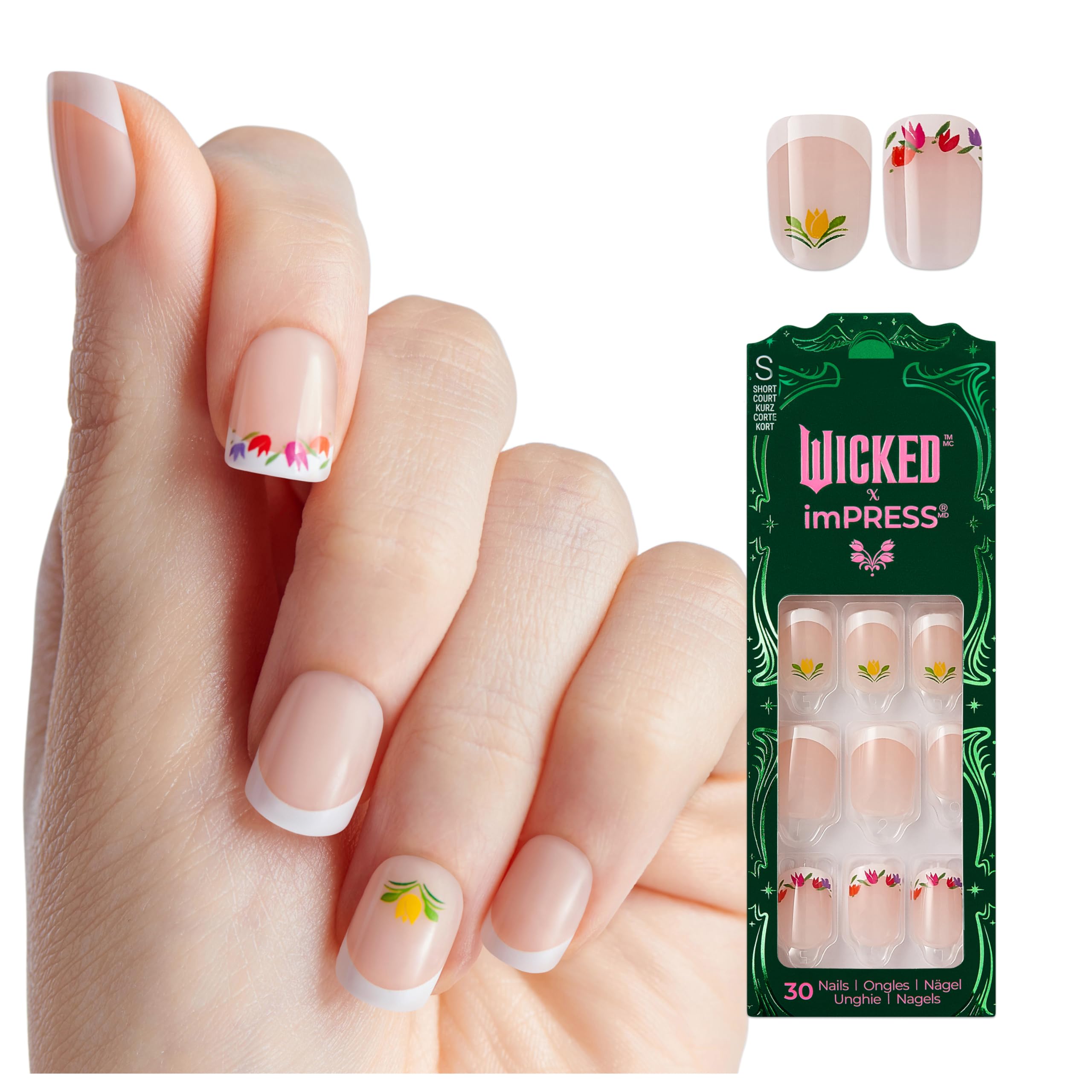 WICKED X imPRESS Press On Nails, New Improved Adhesive, Up To 10 Day Hold, ‘Rainbow of Blooms’, White, Short Squoval, Includes 30 Fake Nails, 1 Prep Pad, 1 Manicure Stick, 1 Mini File