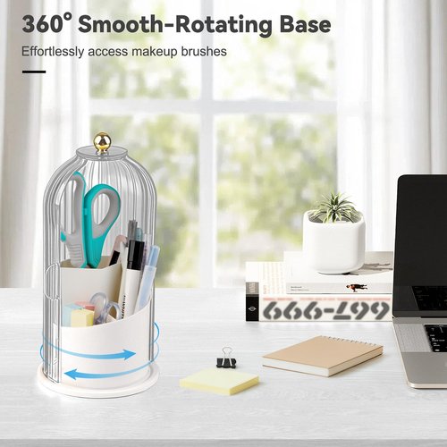 Hvygss 360° Rotating Makeup Brush Holder with Lid, Waterproof Three-Compartment Makeup Organizer, 180° Side-Pull Door Desk Organizer, Dustproof Brush Holder for Vanity and Bathroom (Clear White)