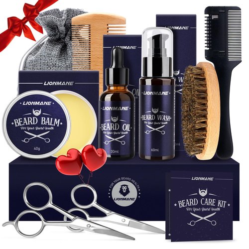 Lionmane Valentine's Day Beard Care Gifts Kit for Men, Beard Mustache Grooming Kit -Beard Balm, Beard Wash, Beard Oil, Brush, Scissors, Birthday Anniversary Daily Gifts for Husband/Boyfriend/Dad/Him