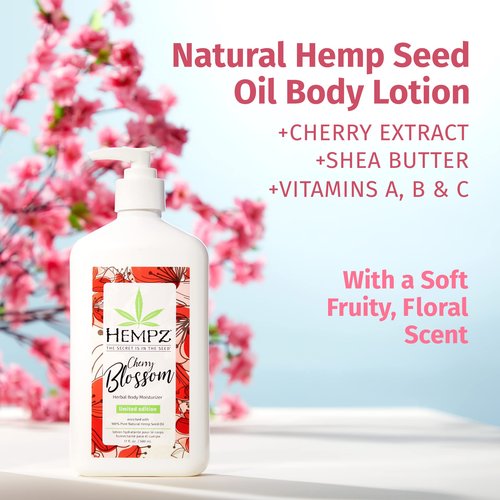 Hempz Body Lotion - Cherry Blossom Limited Edition Daily Moisturizing Cream, Shea Butter, Aloe, Cherry Extract Hand and Body Moisturizer - Skin Care Products, Hemp Seed Oil - 17 Fl Oz