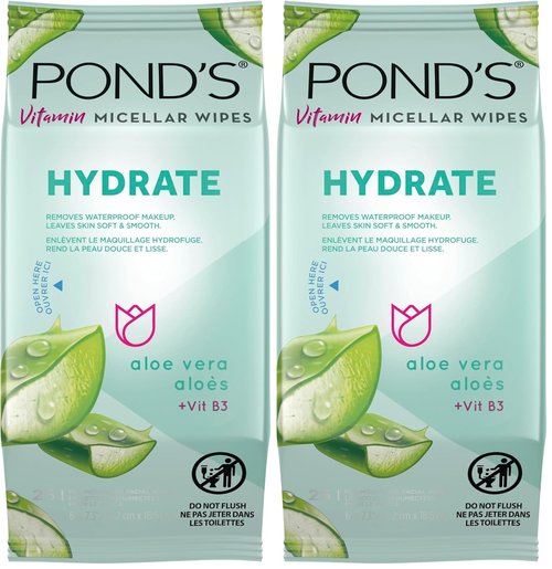 Pond's Vitamin Micellar Wipes - Hydrating Aloe Vera for Dry Skin | Removes Waterproof Makeup, 25 Wipes (Pack of 2)