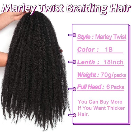 Marley Twist Braiding Hair-18 Inch 180Roots/unfold Soft Soft Marley Twist Hair For Twists 6 Packs Lightweight Cuabn Twist Hair For Black Women (18 Inch 6 Packs, 1B#)