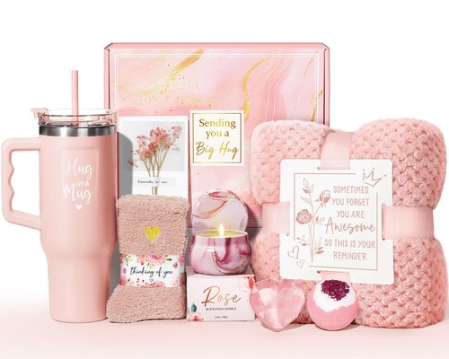 Birthday Gifts for Women Self Care Get Well Soon Gifts, Rose Relaxing Spa Kit Bath Gift Basket Care Package w/ Flannel Blanket 40 OZ Tumbler, Valentines Day Gift for Her Wife Mom Girlfriend Sister