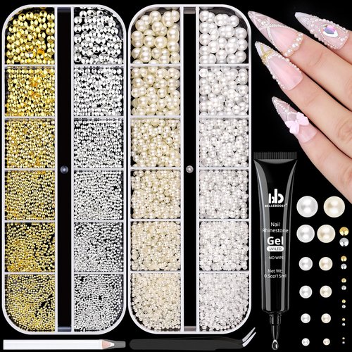 7500Pcs 3D Nail Charms, Gold & Silver Tiny Round Metal Nail Art Gems and Flatback White & Beige Pearl Nail Beads, Manicure Decor Accessories with Tweezers, Pick-up Pencil and 15ml Rhinestones Gel Glue