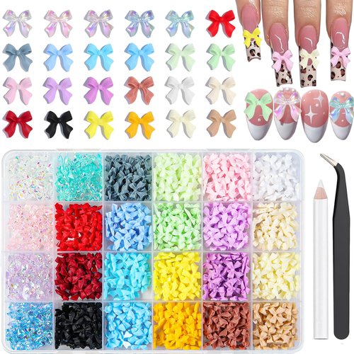 720 Pieces Bow Nail Charms 24 Color Multicolor 3D Bows for Nails Includes 5 Colors Transparent Bow Charms for Nails with Pickup Tool Cute Colorful Nail Bows for Manicure DIY Nail Decoration
