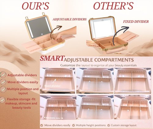 NJ GLAM Lighted Makeup Case with Mirror - Portable Travel Makeup Organizer with LED Mirror, 3 Light Settings, ADJUSTABLE DIVIDERS, Makeup Bag with Mirror and Light - Mini 10x Mirror included