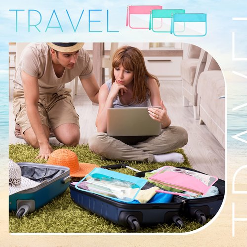 Sanwuta 3 Pcs Clear Flat Zipper Pouches for Travel Women, Nylon Waterproof PVC Makeup Snack Bags Set Organizer Portable Storage DIY Chenille Letter Beach Stuff Toiletry Gym(Pink, Green, Blue)