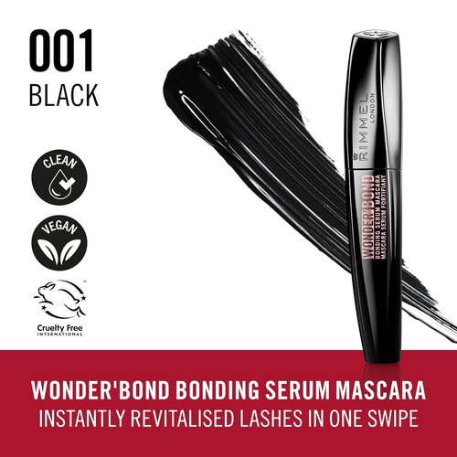 Rimmel Wonder'Bond Mascara - Volumizing Bonding Serum with Biotin | 001 Black, Smudge-Proof, 0.39oz