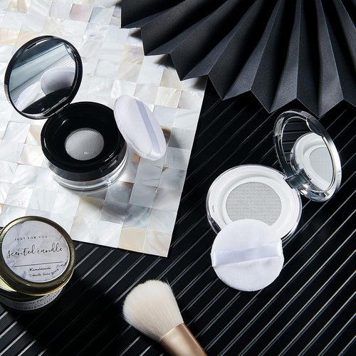 Cunhill Loose Powder Container Set - Reusable Plastic Cases with Puff & Mirror | 0.17/0.7 oz, Silver & Black