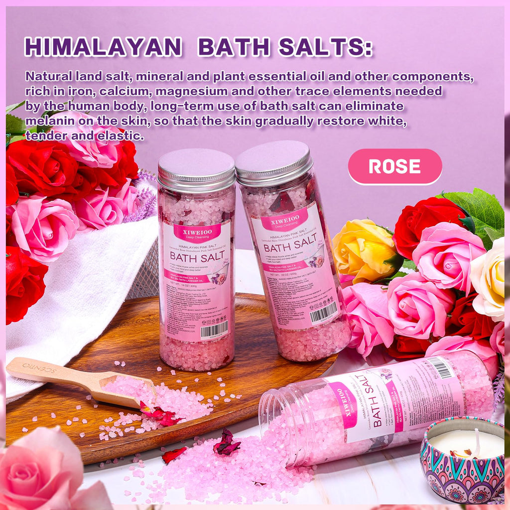 XIWEIOO Bath Salts Kit Pack of 3 Natural Himalayan Pink Salt Bath Salts Gift Set Soak Tea Tree Oil for Women Bath Sea Salts - Relaxing - Epsom Salt - Body Spa Care Relaxing Soaks
